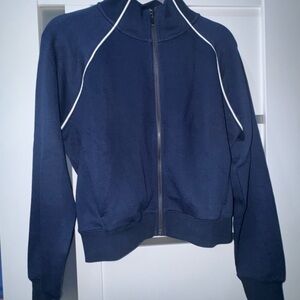 Spanx Air Pique Timeless Navy Zip-Up Jacket Set with White Accents